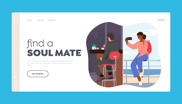 Premium Vector | Find soul mate landing page template virtual love or  loving relations in internet male and female characters dating