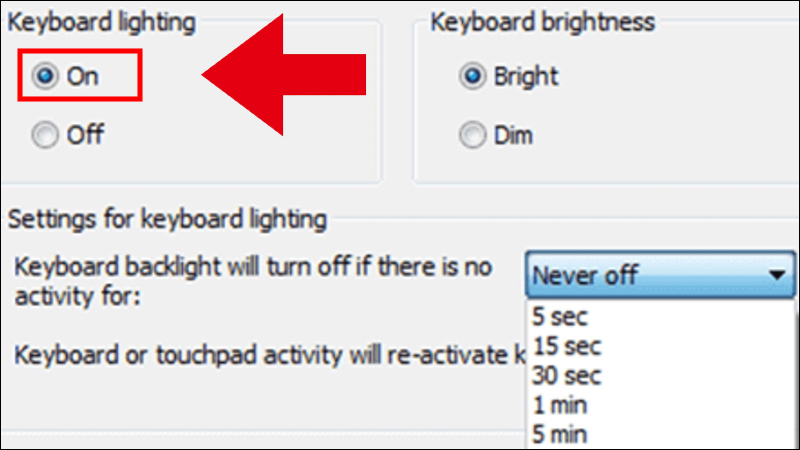 Chọn On để bật đèn bàn phím laptop hoặc Off để tắt và nhấn OK để lưu cài đặt